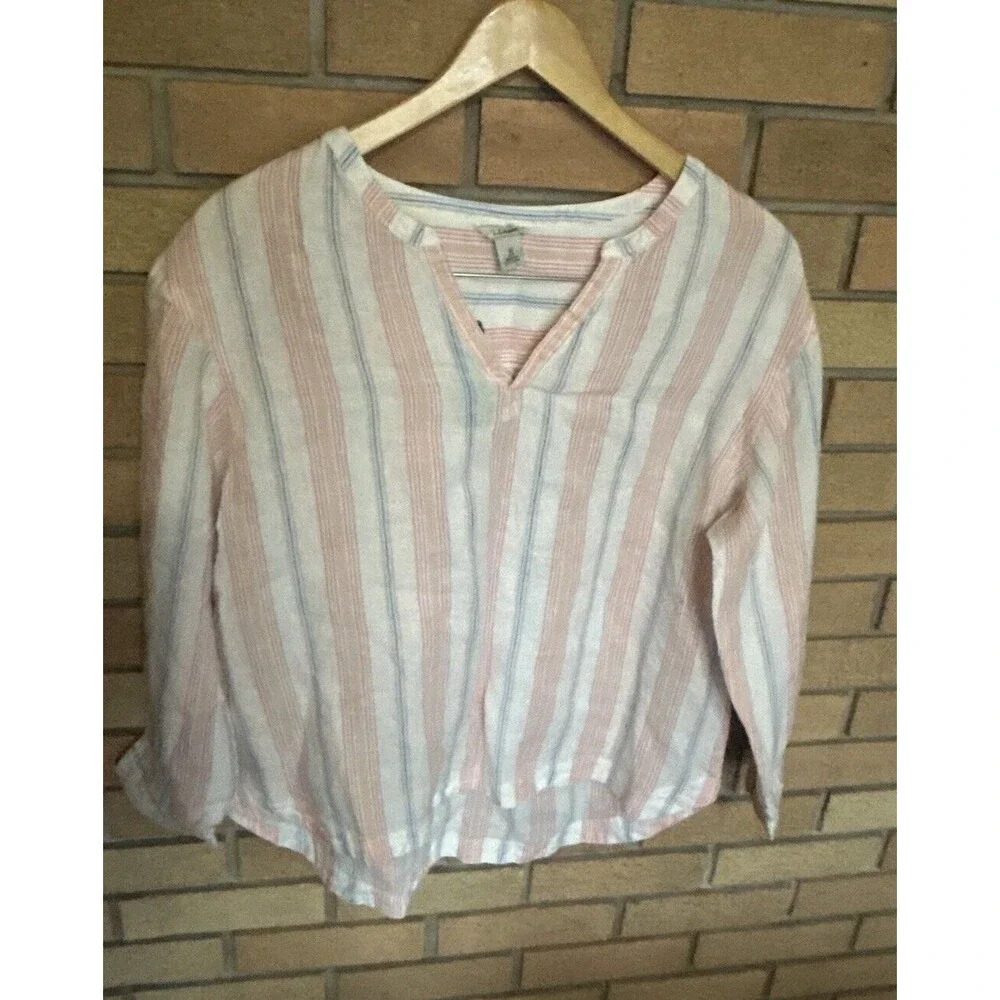 NWT L.L. Bean Women's Premium Linen Shirt Splitneck Stripe Sunrise Pink - Picture 2 of 8